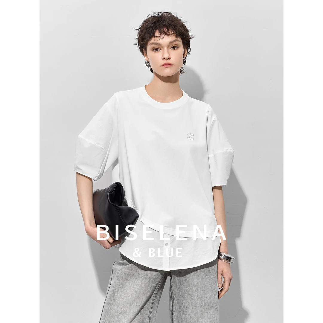 贝茜妮高智感拼接短袖T恤女2025夏季新款不规则宽松显瘦气质上衣