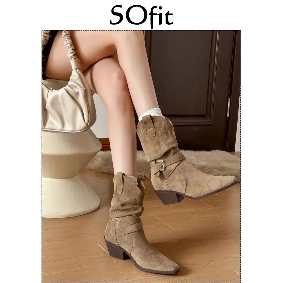 真皮短靴女赵露思同款增高小个子磨砂真皮秋季新款切尔西靴 00292