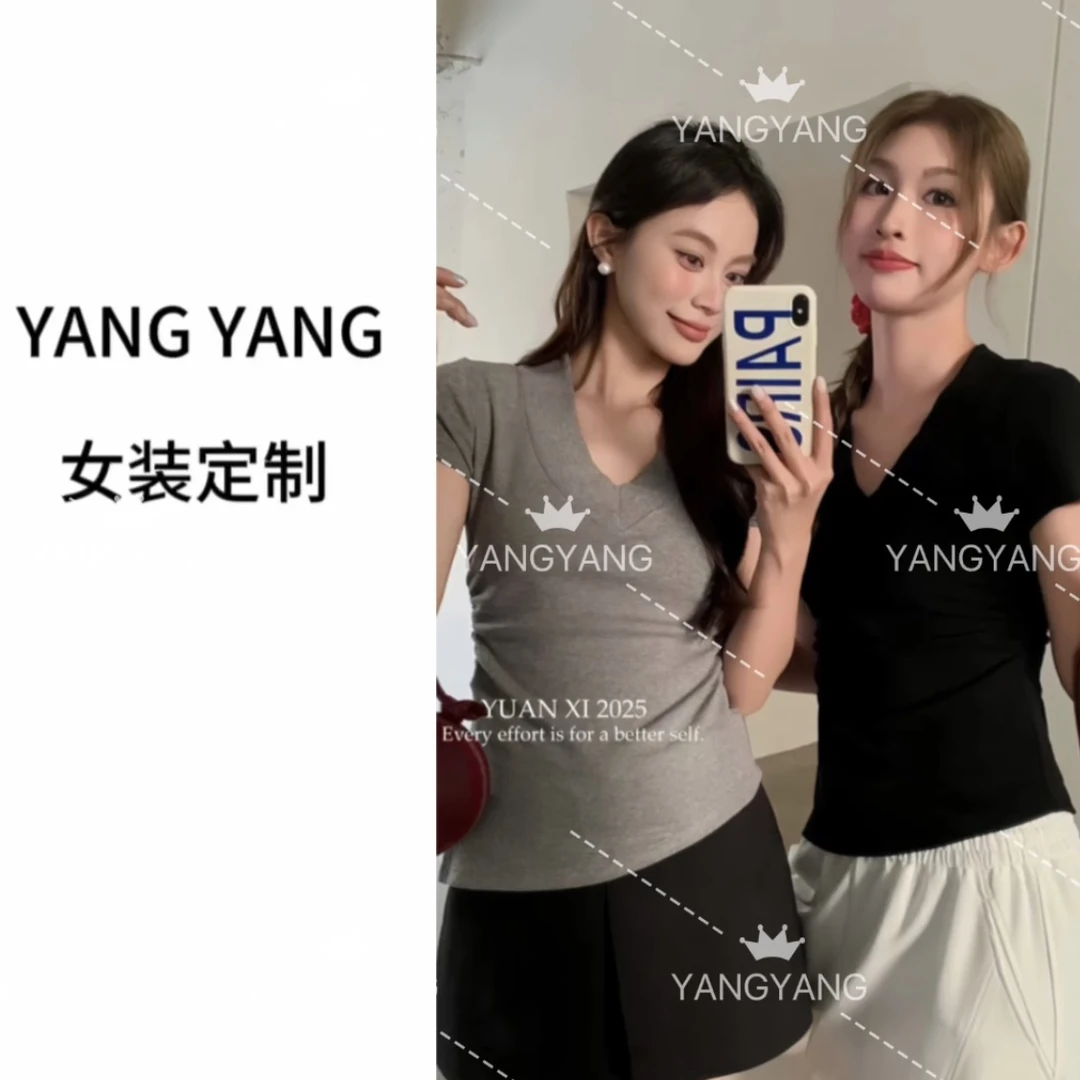 YANGYANG v领不规则褶皱开衩短袖T恤女夏季新款#7004