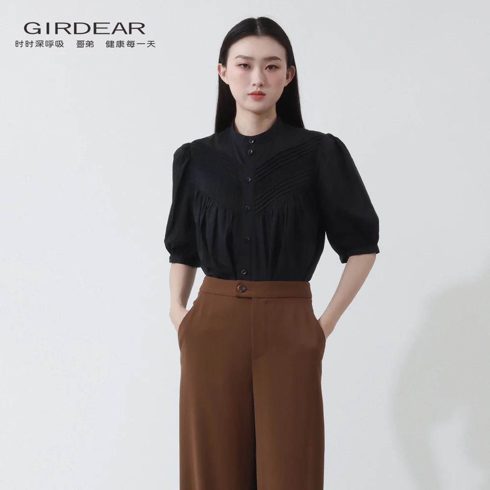 哥弟 减龄甜美灯笼袖短袖衬衫夏季新款宽松纯棉短款上衣女1300970