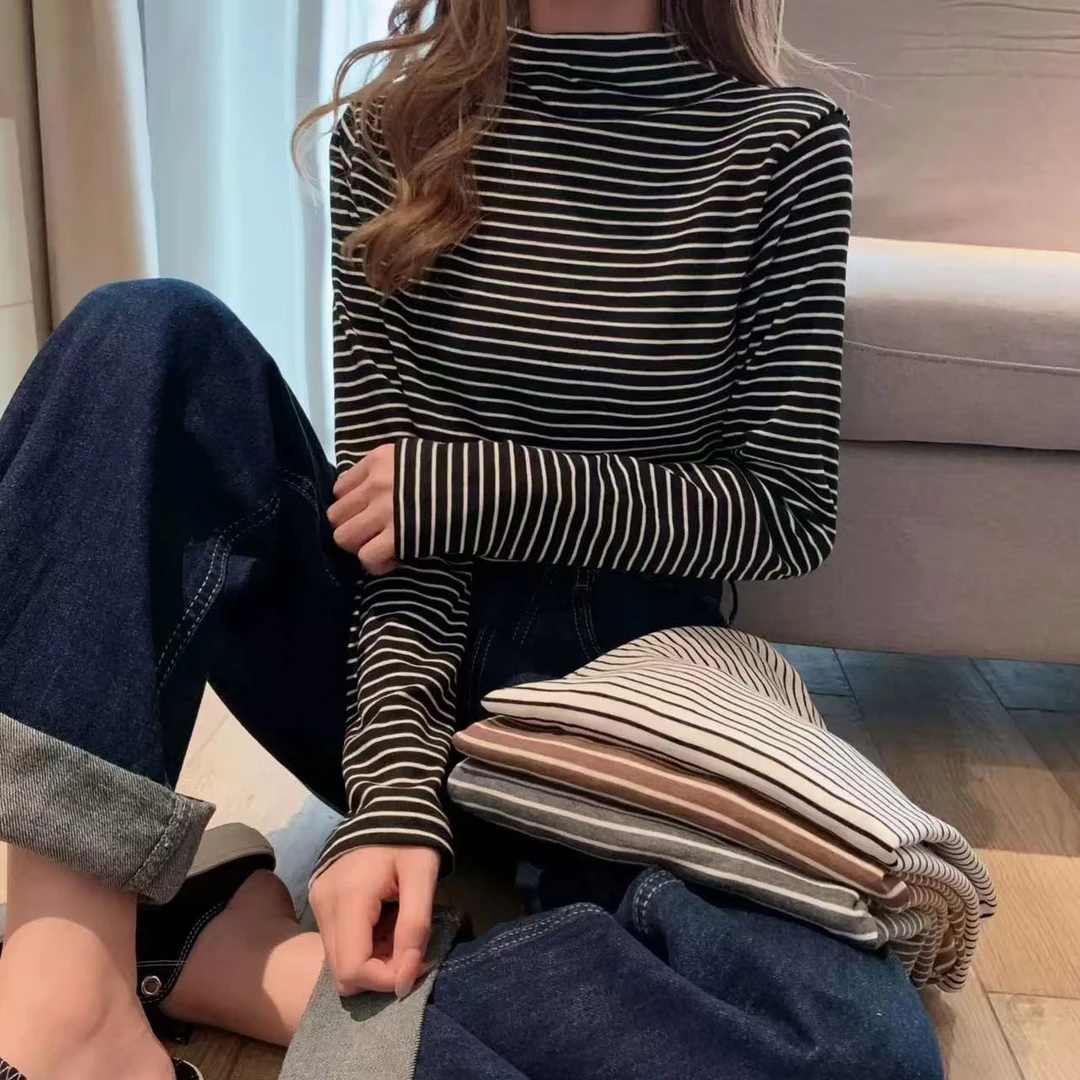 新款时尚洋气百搭女装半高领条纹长袖T恤女修身显瘦秋冬打底衫