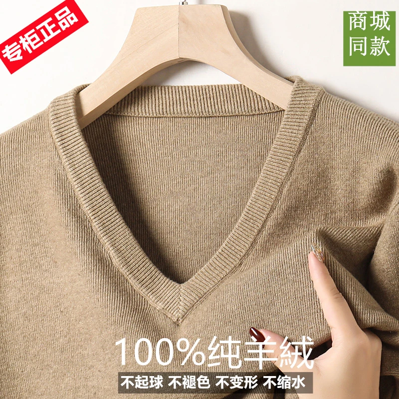 高端专柜男士秋冬100羊绒衫V领毛衣百搭长袖软糯纯色打底衫半高领