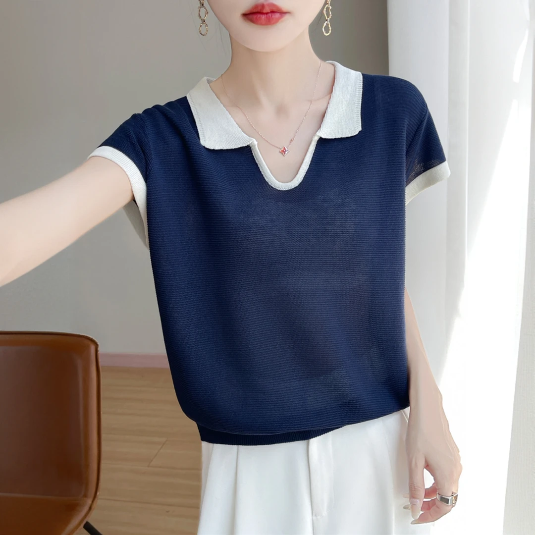 女毛针织衫莱赛尔Polo领针织短袖显瘦减龄拼色上衣外穿宽松
