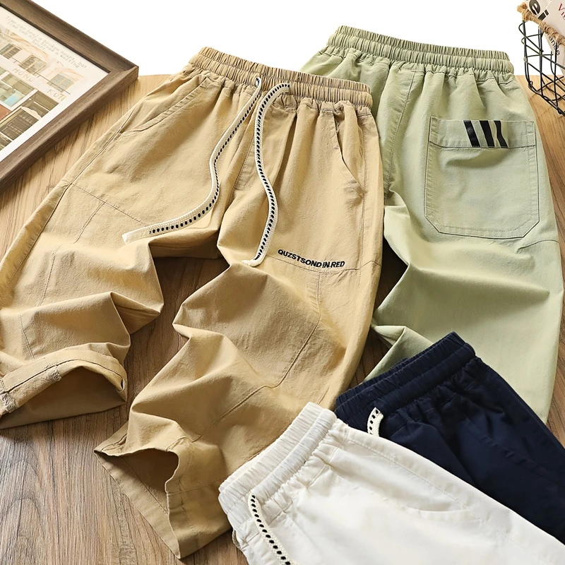 男童夏季新款抽绳棉麻弯刀裤中大童字母刺绣百搭阔腿长裤6132