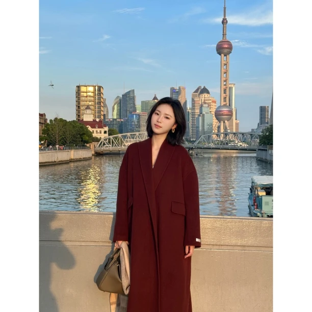 【张七七】长款双面羊毛大衣女秋冬季新款青果领气质外套-88101