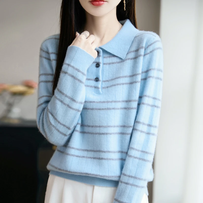 羊毛秋冬新款翻领针织衫女条纹拼色设计感羊毛打底衫毛衣DMR296