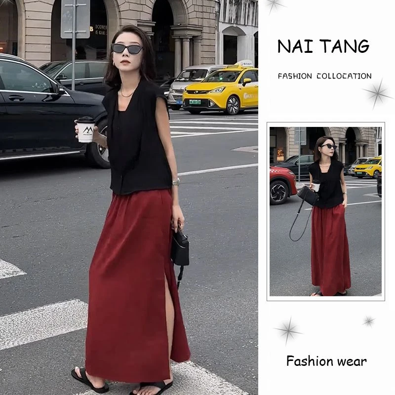 时尚套装女2025夏季新款法式轻熟风气质简约上衣高级感开叉半身裙