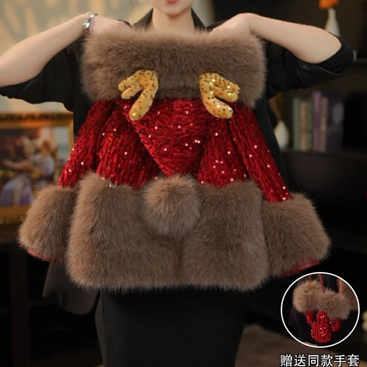 女童加绒防皮草外套秋冬季新款女宝加厚亮片连帽外套新年拜年衣服