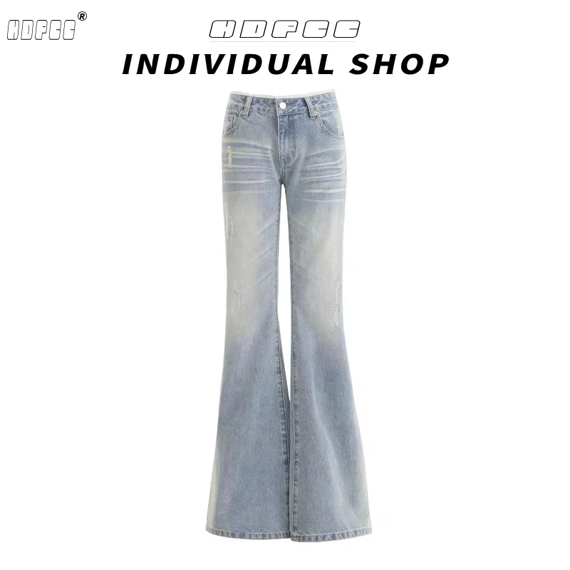 辣妹蕾丝拼接微喇牛仔裤女春季新款美式复古浅蓝修身马蹄长裤子潮