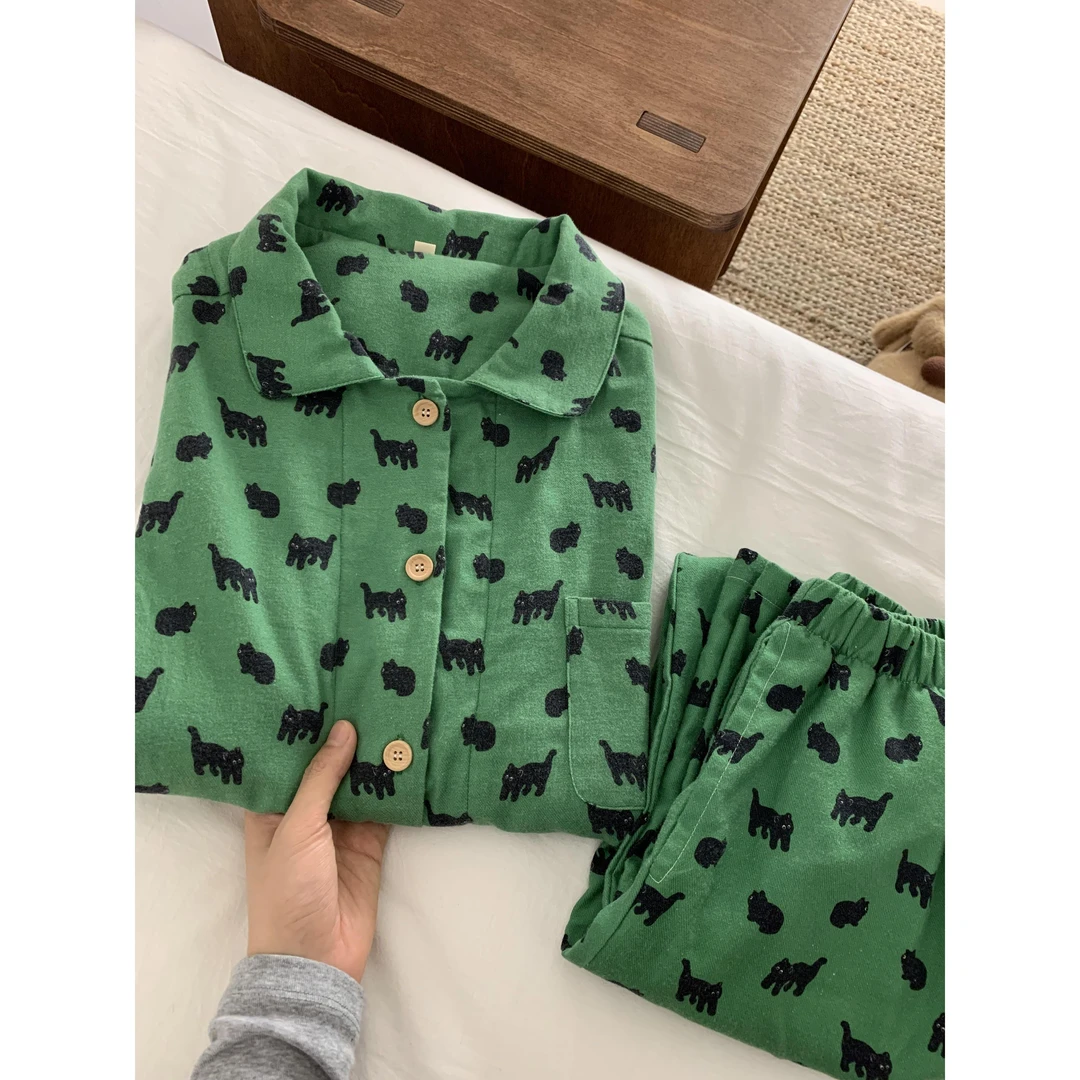 【薄荷曼波小猫】印花睡衣女款春秋翻领长袖长裤家居服套装可外穿