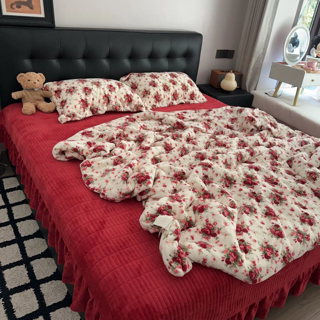 法式复古碎花冬季加厚牛奶绒床盖四件套抗静电保暖夹棉床单可机洗
