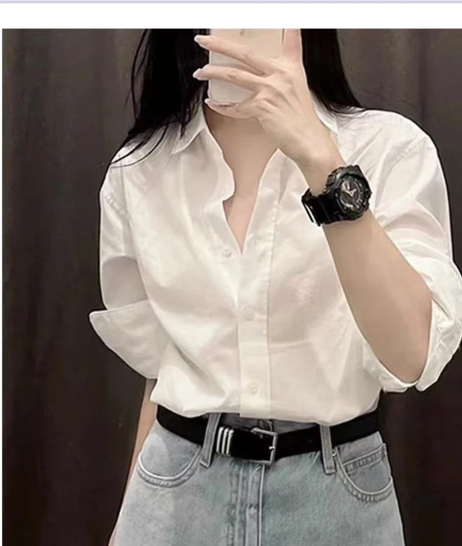 2025 法式白色衬衫女新款小个子宽松长袖衬衣内搭职业上衣外穿