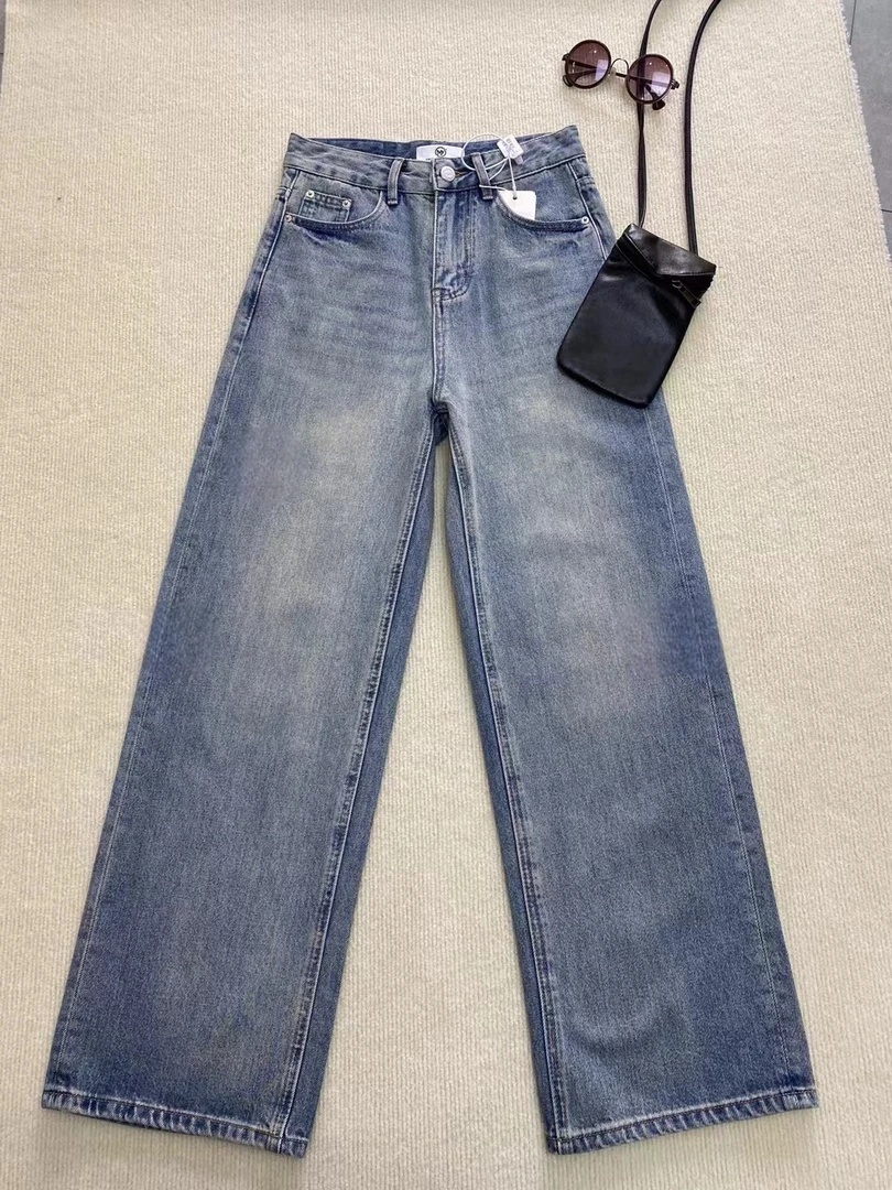 春季极简风高腰阔腿裤蓝色韩版百搭休闲时尚水洗女长裤牛仔裤复古