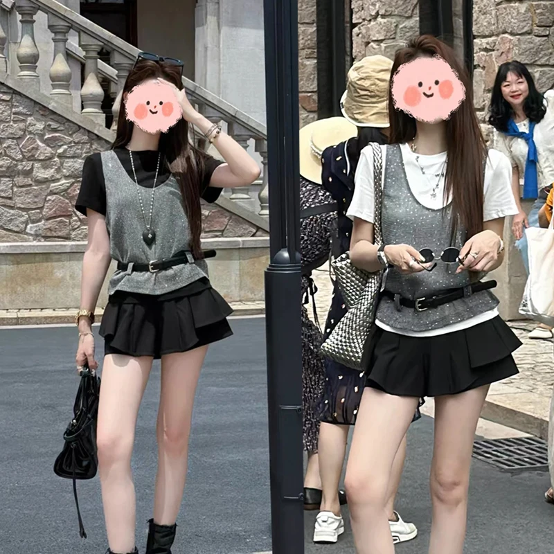 FRVXO圆领短袖T恤银色网纱镂空背心高腰拼接短款裙裤夏季三件套