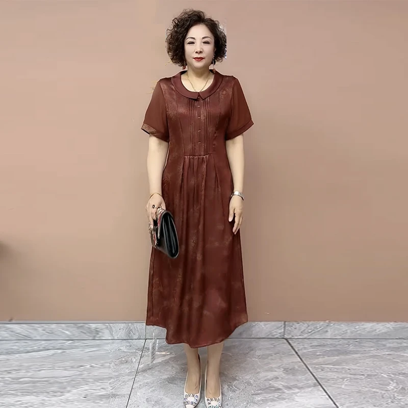 616洋气阔太太真丝连衣裙夏新款娃娃领暗纹提花大码遮肚显瘦长裙