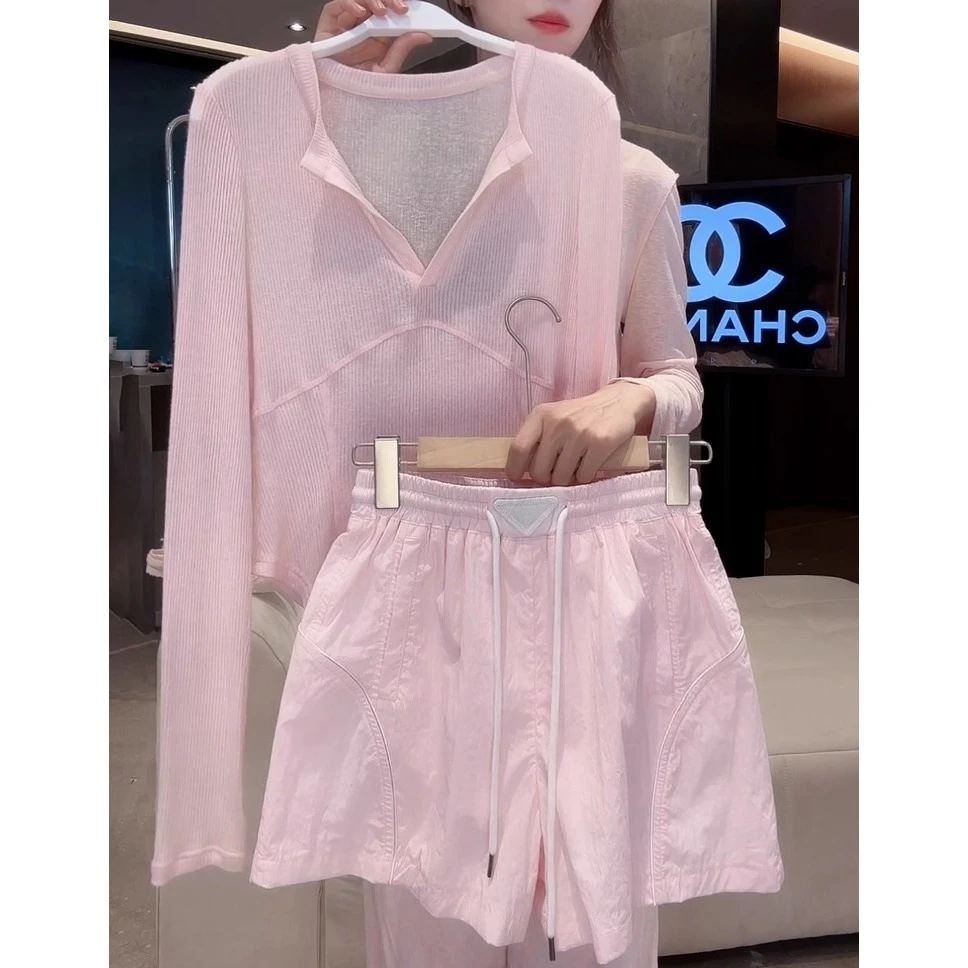 甜美清新薄款长袖T恤短裤套装秋季减龄显瘦防晒上衣休闲裤两件套