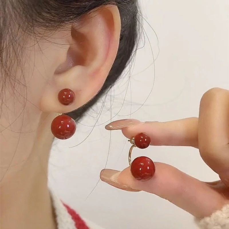 铜合金耳饰 高级感复古红色珠珠耳环小众设计感两戴耳钉气质耳饰