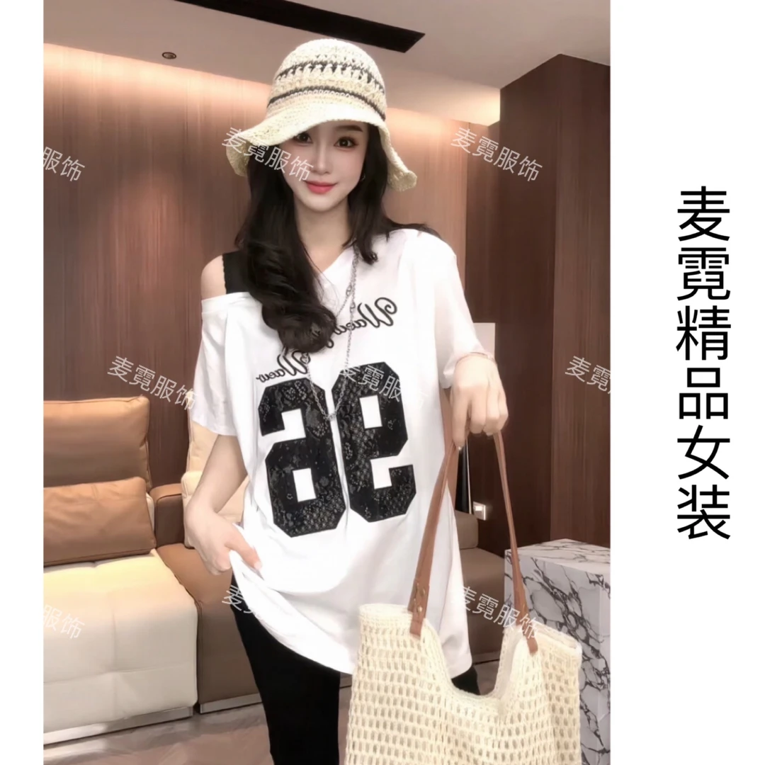 [麦霓严选]2025纯欲风刺绣蕾丝露肩短袖t恤女9295
