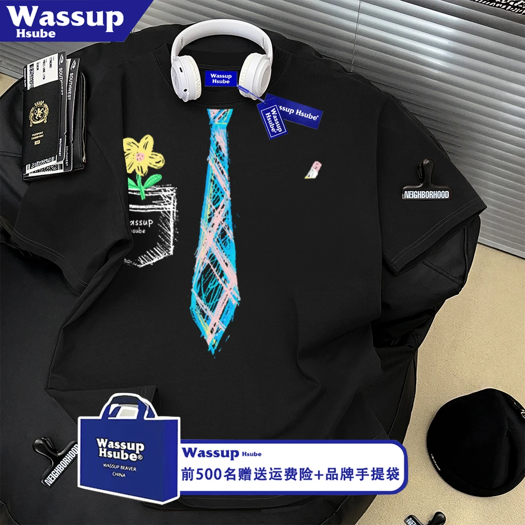 WASSUP HSUBE潮牌彩色涂鸦领带印花纯棉短袖T恤男女设计感上衣服