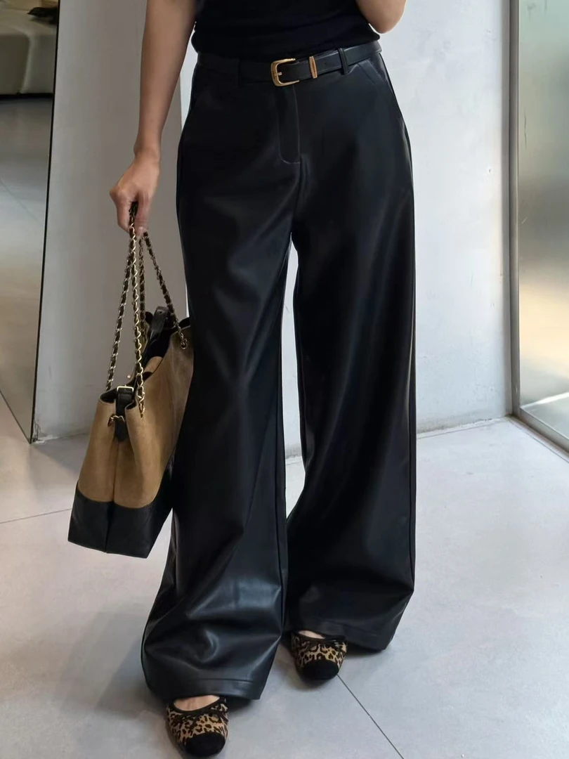 高腰宽松显瘦款皮裤