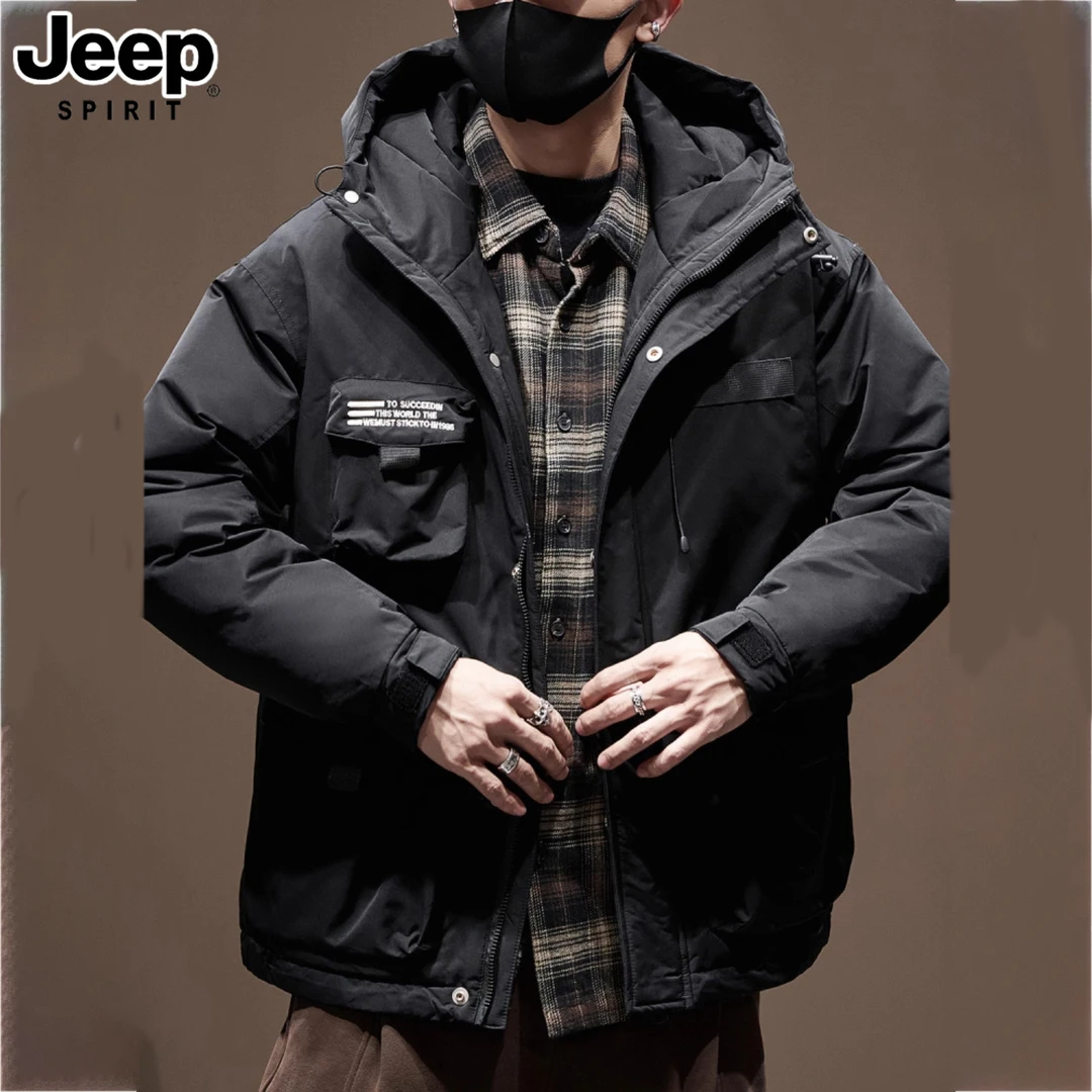 JEEP吉普90%白鸭绒秋冬工装羽绒服男短款宽松防寒服保暖痞帅连帽