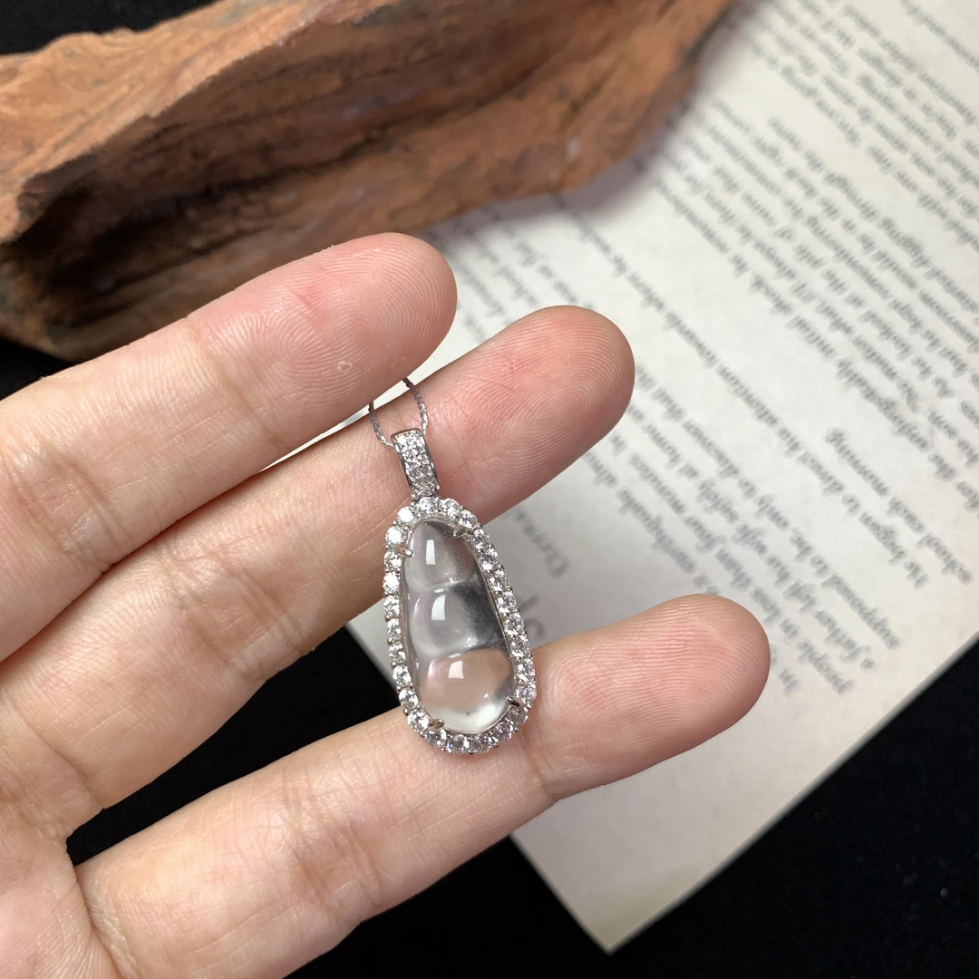 清 带棉 石英质玉缅甸天然水沫子福豆吊坠s925银气质白色简约珠宝