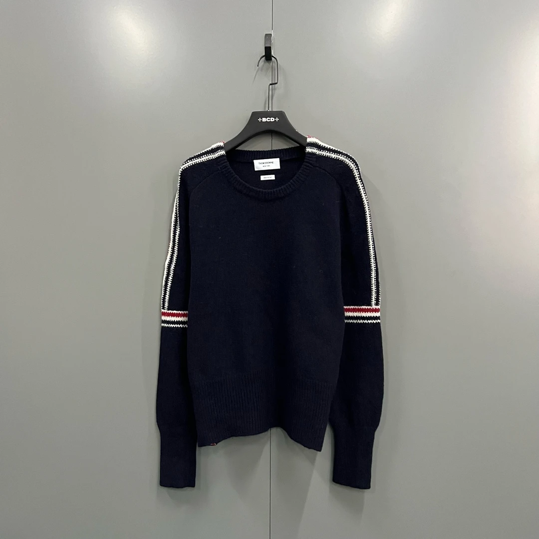 95新 THOMBROWNE  TB 海军蓝条纹嵌花套头羊毛衫 4码/95新