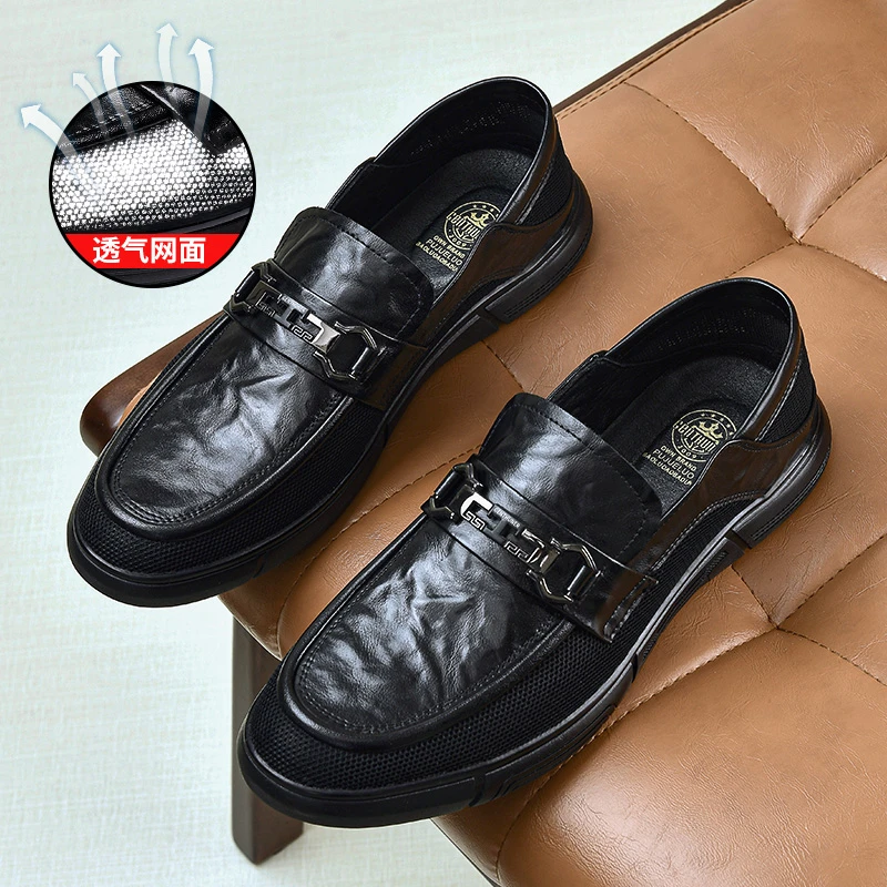 1727皮鞋男夏季透气百搭潮流男士休闲皮网拼接平跟软底套脚豆豆鞋