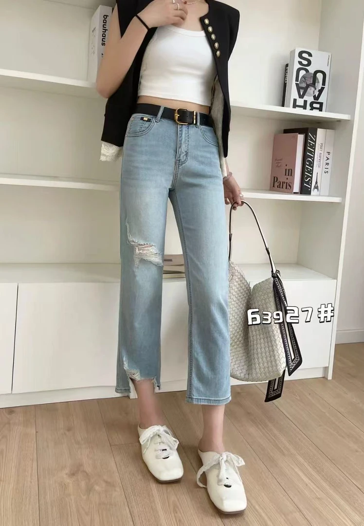 63927-Z天空蓝无腰带夏季拉丝磨破洞不等试八分烟管裤