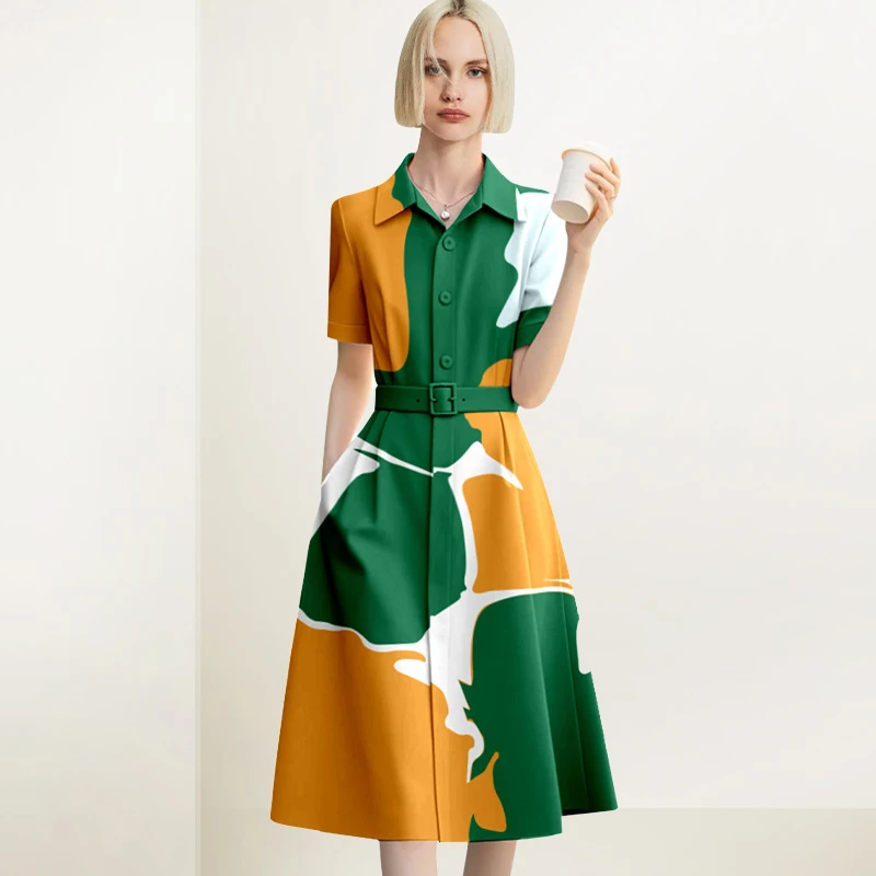 法式印花气质衬衫裙子女2025年夏装新款名媛撞色别致收腰A字裙潮