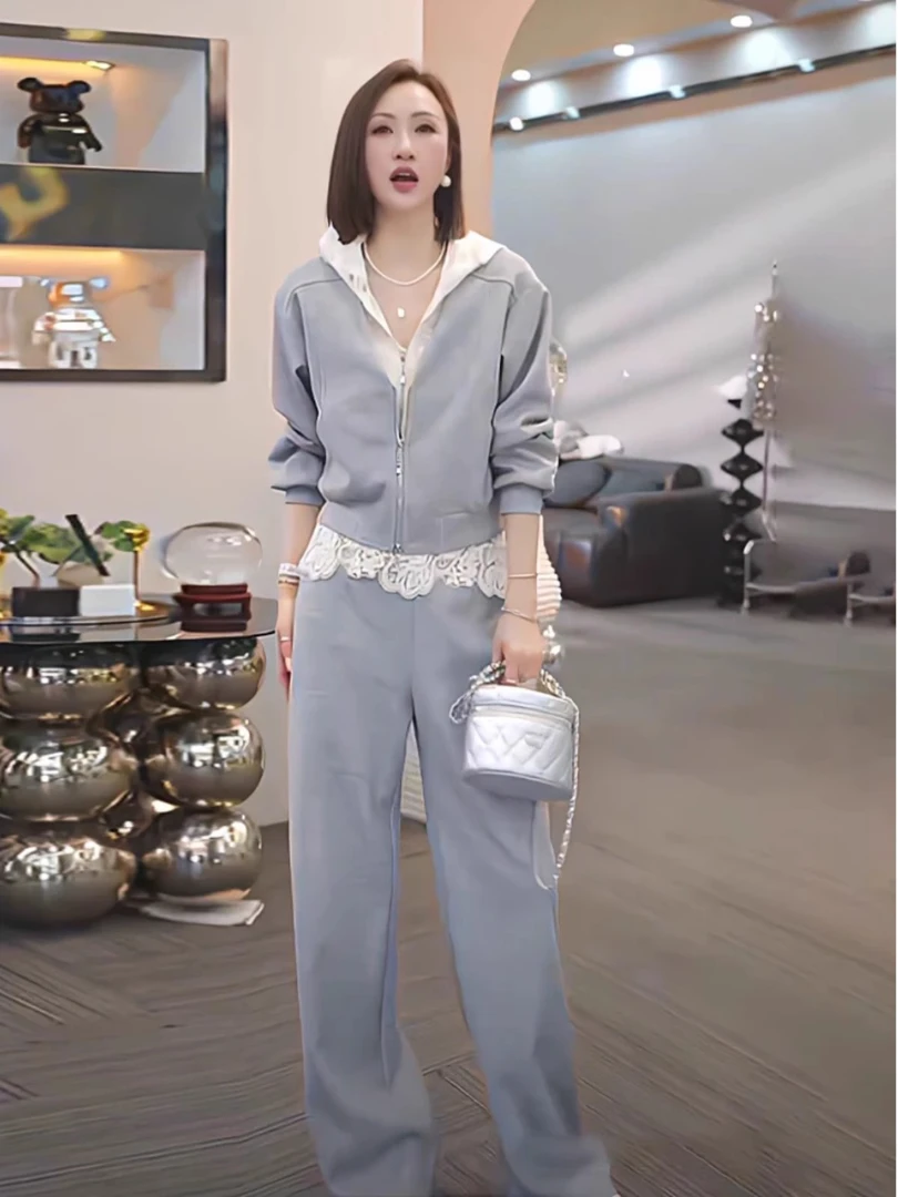 运动套装2025春季高级感轻熟风气质拼接连帽卫衣休闲阔腿裤两件套