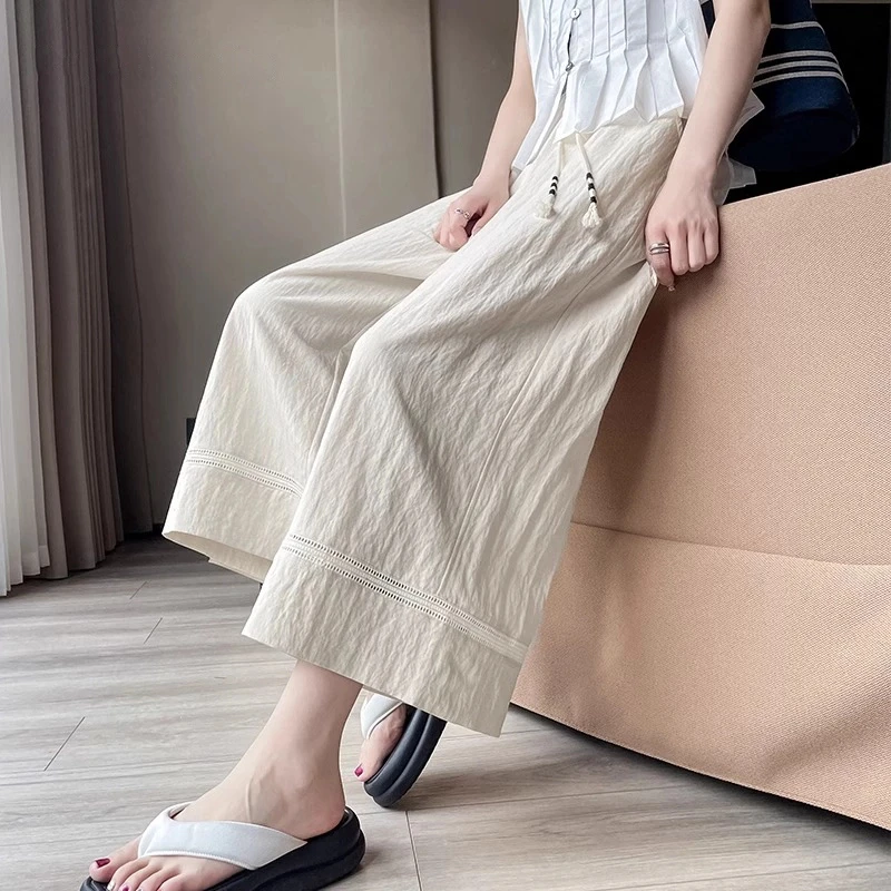 米白色亚麻山本裤女夏季薄款2025高腰垂感显瘦休闲八分棉麻阔腿裤