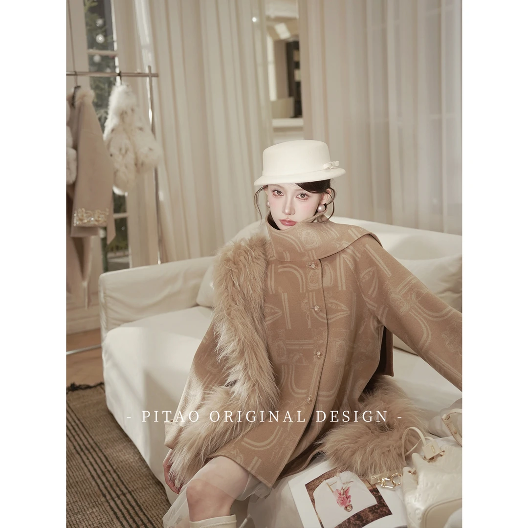 杜屁屁桃PITAO 原创【暮色之约】印花复古百搭100绵羊毛毛呢大衣