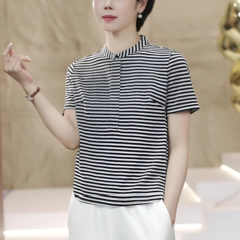 高含棉时尚条纹短袖t恤女2025夏季新款洋气减龄百搭修身显瘦上衣
