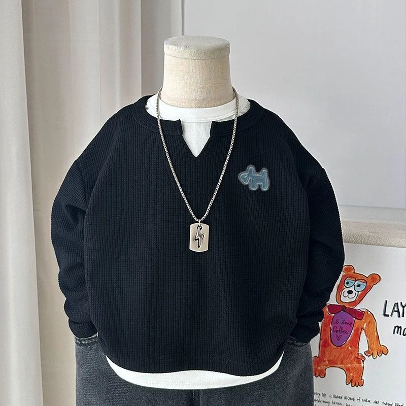 秋季新款男童长袖T恤卡通刺绣假两件打底衫潮流百搭华格夫卫衣韩