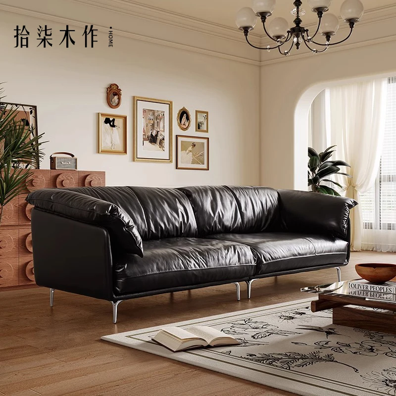 拾柒木作法式复古直排油蜡皮沙发头层牛皮小户型黑色真皮客厅沙发