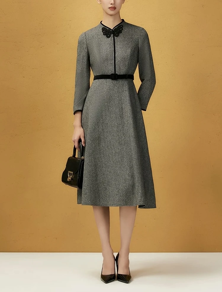 【歌】2025年秋冬100绵羊毛优雅新中式气质连衣裙裙子