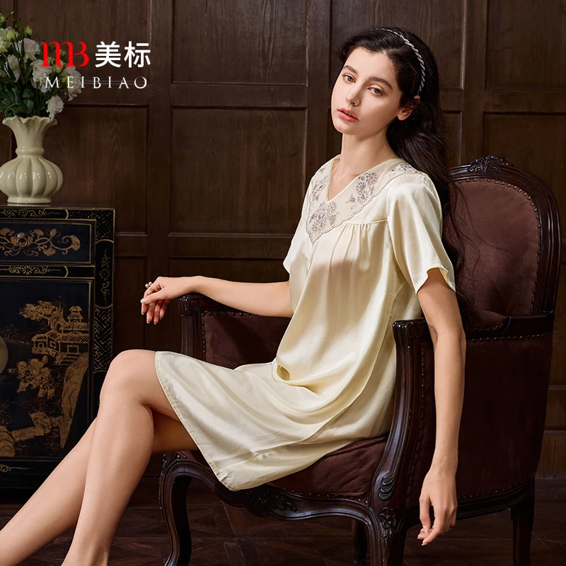 美标19姆米重磅6A级桑蚕丝春夏家居服绣花睡衣短袖真丝睡裙021216