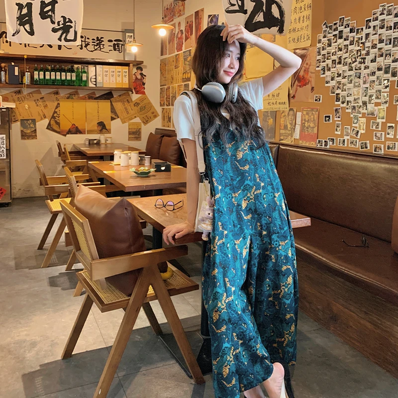 蓝色多巴胺印花背带裤套装女夏2025新款韩版高腰显瘦垂坠感阔腿裤