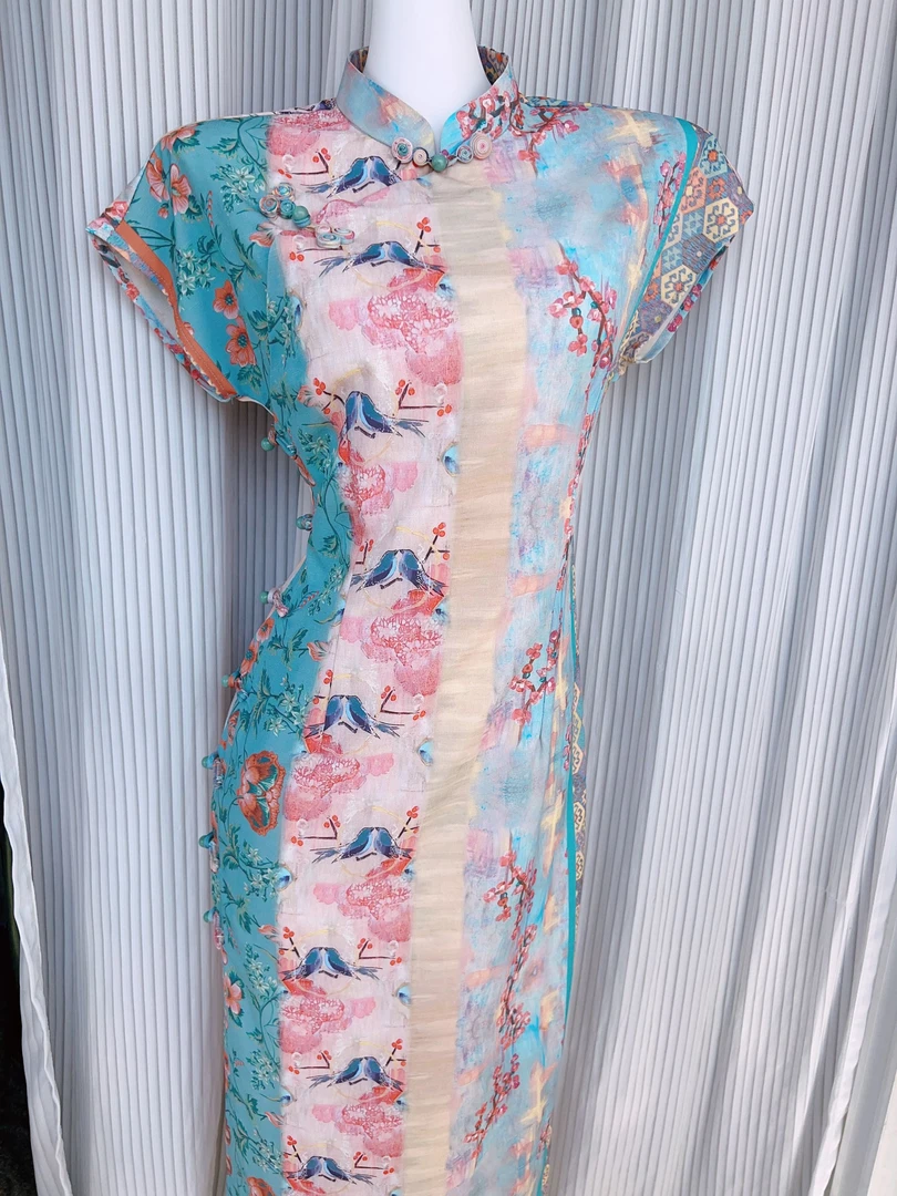 新中式拼接杜鹃花显瘦修身改良旗袍