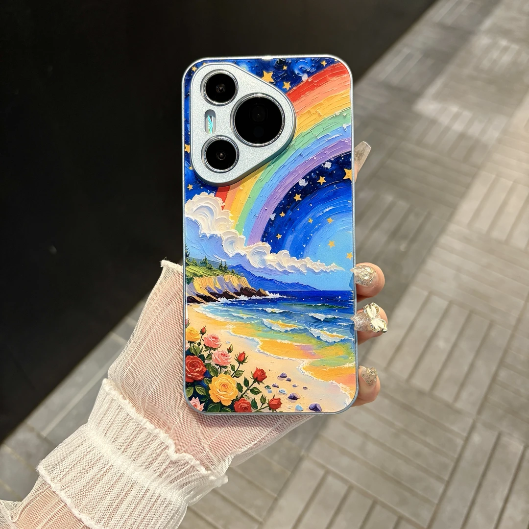 苹果/华为/oppo/vivo/小米油画彩虹沙滩适用pura70肤感玻璃手机壳