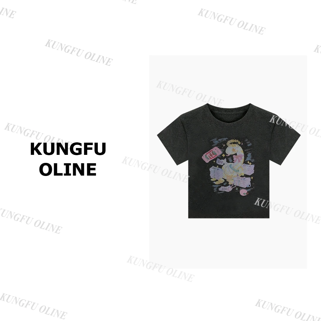 【小妖】T4742金钱小蛇卡通趣味美式街头宽松百搭时尚T恤上衣