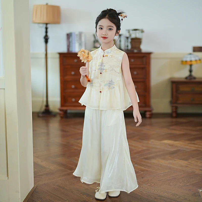 80696A汉服女童套装无袖古风夏季2025新款儿童新中式国风两件套裤
