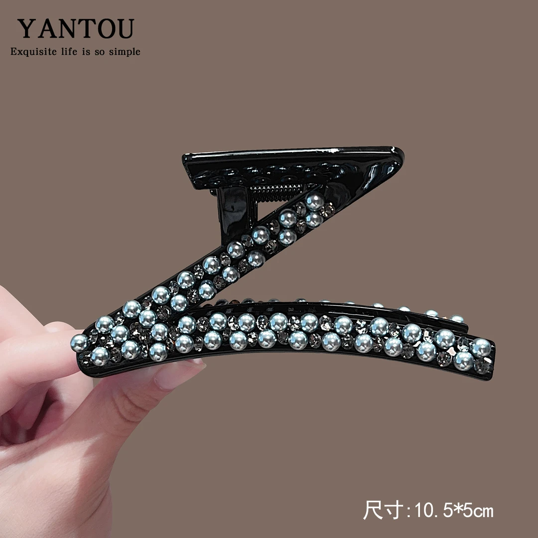 设计感轻奢Z字型珍珠大抓夹后脑勺盘发鲨鱼夹发抓夹LN-10734