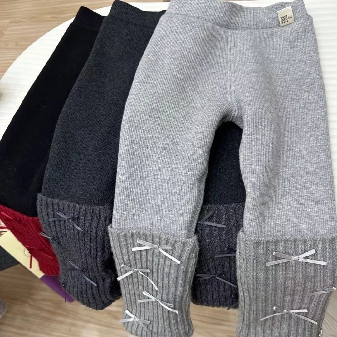 【小小鹿专享】女童加绒加厚打底裤冬季新款一体绒洋气蝴蝶结堆堆裤