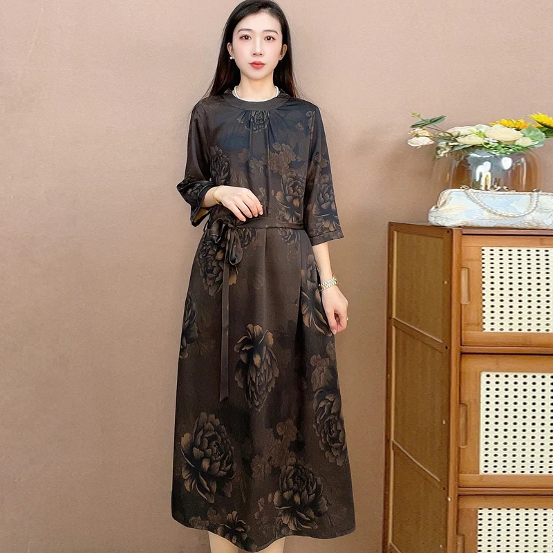 墨影丹裙圆领腰风   气质中长款时连衣裙百搭遮肉裙子