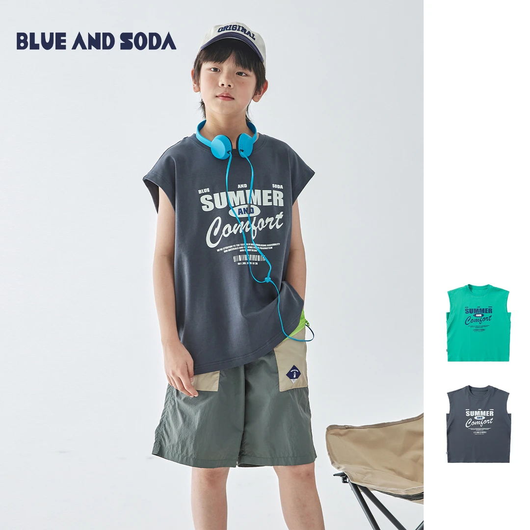 蓝汽水2025年夏季新款男童亲子款字母印花背心全棉休闲无袖T恤