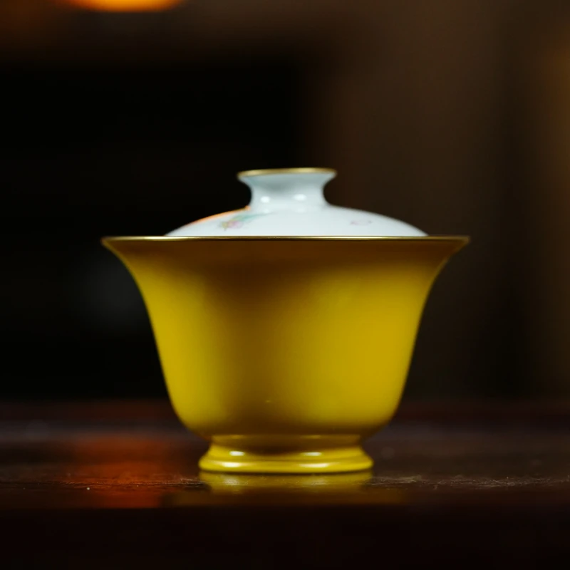 【小田甄陶】帝黄-华隐堂-青花向日葵盖碗(华隐S0905)