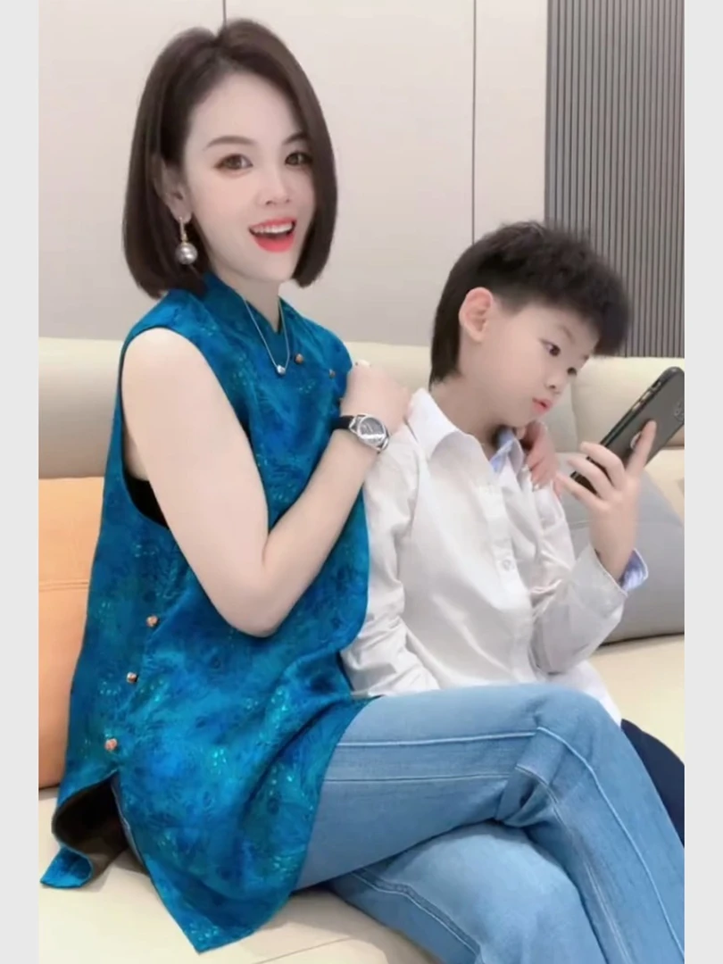 唐装女装中国风年轻款高端减龄改良旗袍宋锦新中式蓝色上衣无袖夏