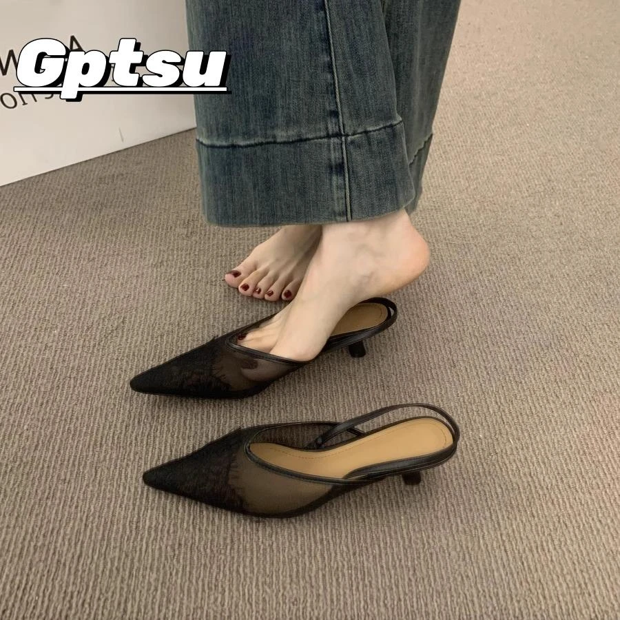 GPTSu法式气质仙女风透气镂空蕾丝包头凉鞋女夏季绝美尖头穆勒鞋